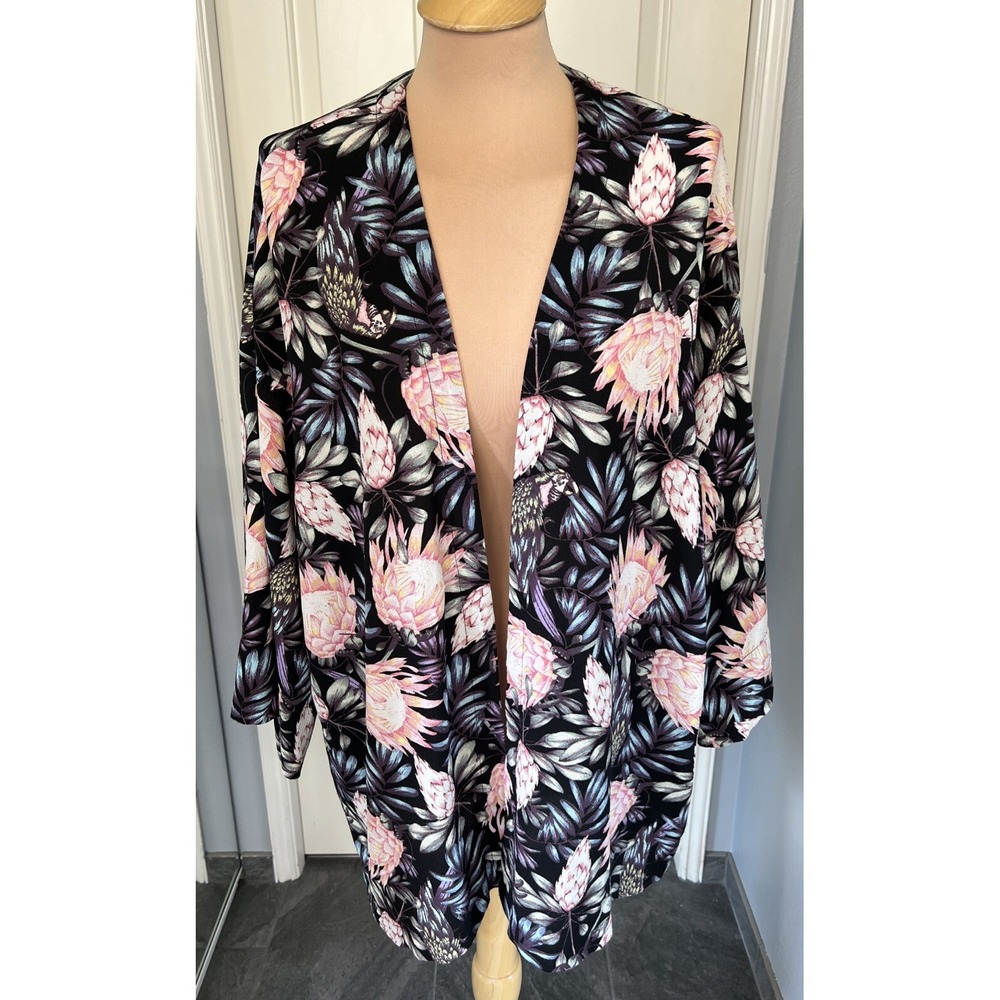 H&M Divided‎ Women's Floral Kimono Size Large Cardigan Cover Up Black Fairy